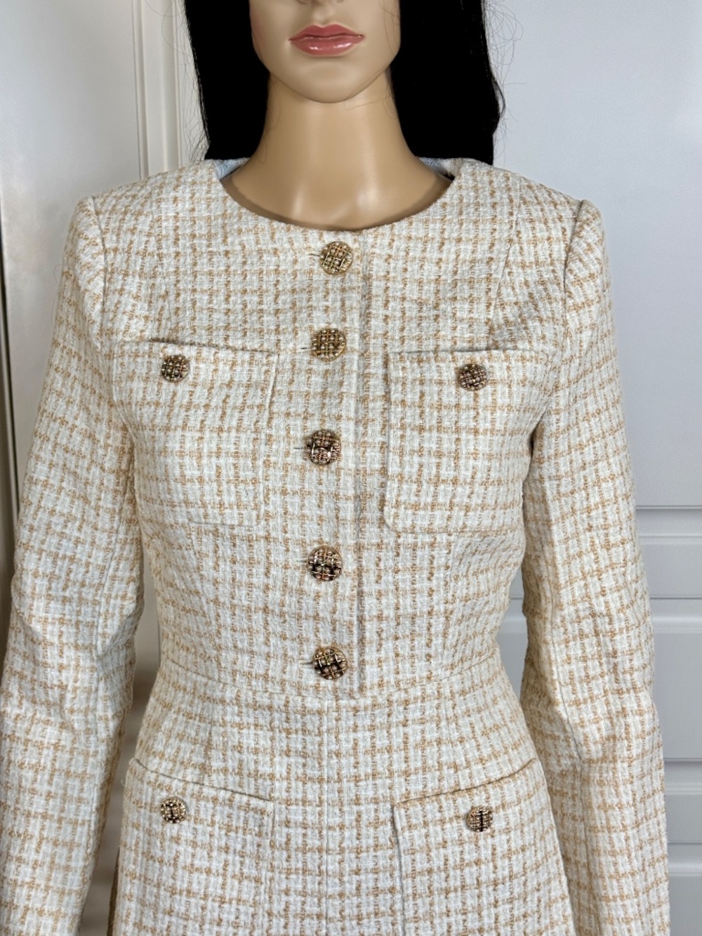 IVORY AND GOLD LONG SLEEVE WOMEN'S TWEED ROMPER WITH POCKETS - NWOT - Picture 8 of 17
